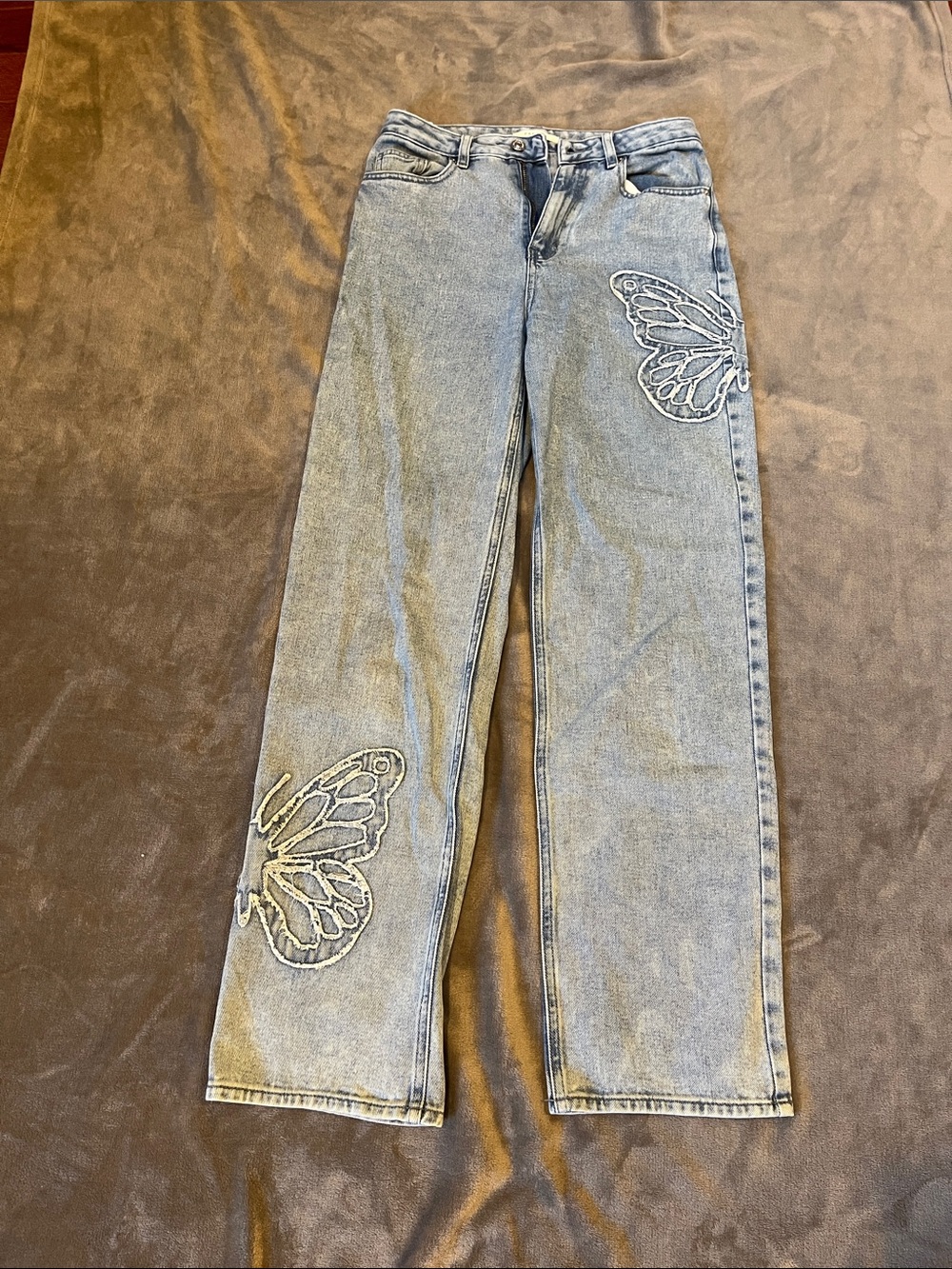 PacSun Light Blue Straight Leg Jeans with Butterfly Embroidery